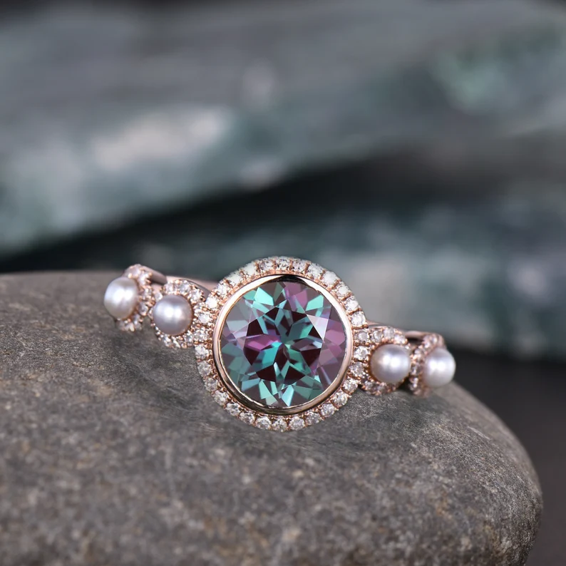 Vintage unique oval Alexandrite engagement ring 14k rose gold Akoya Pearl ring halo moissanite ring 8 prong bridal wedding ring for women
