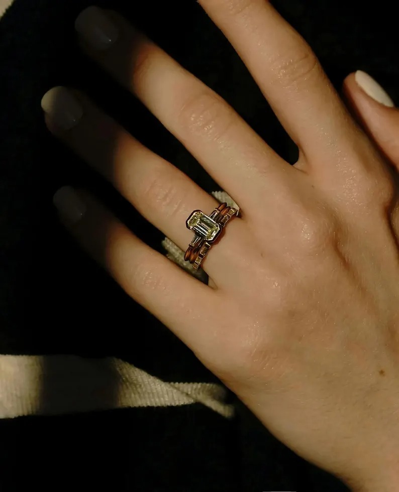 Emerald Cut Moissanite Engagement Ring, 14K Gold Bezel Setting Wedding Ring, Three Stone Diamond Baguette Cluster Ring, Promise Ring for Her