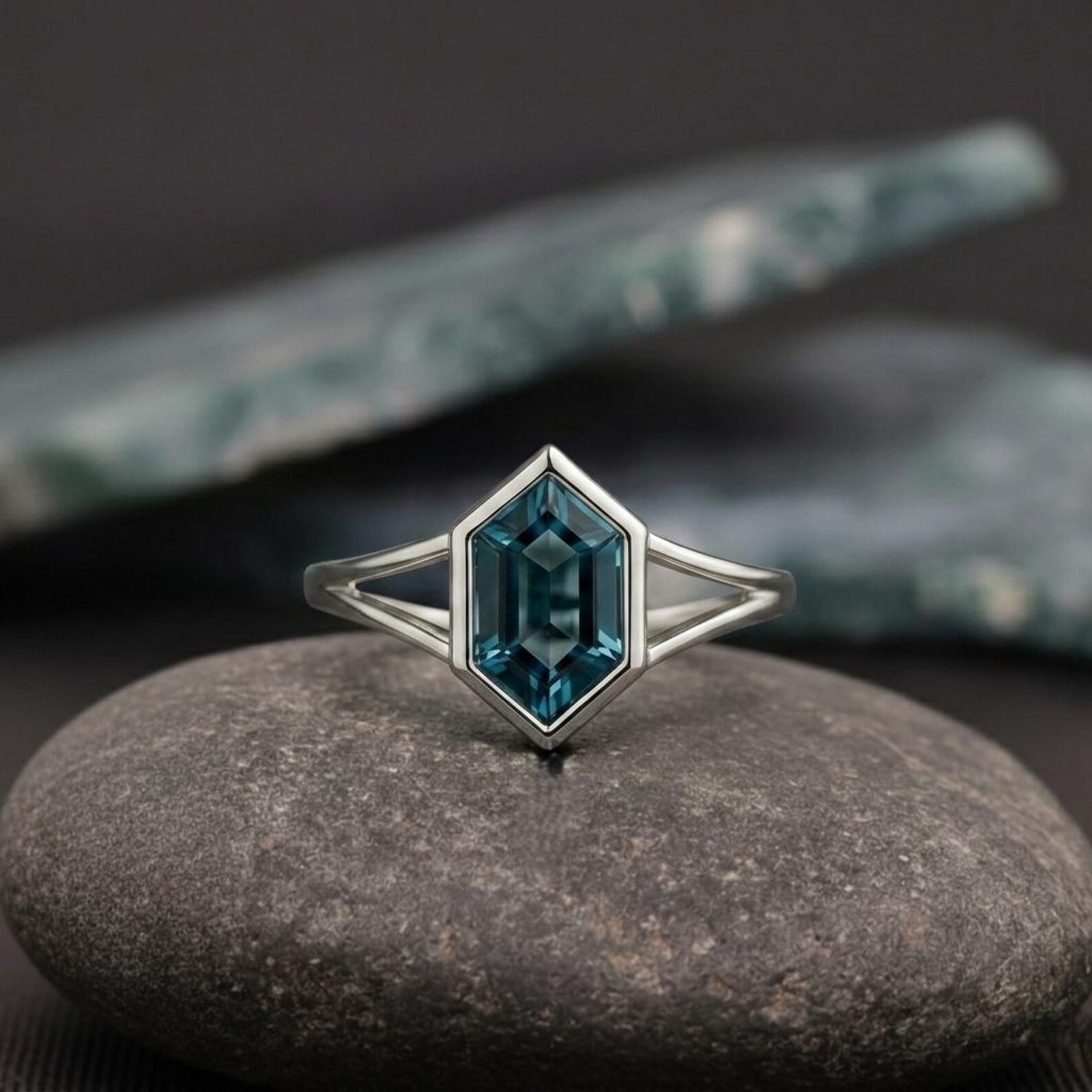 Hexagon Cut London Blue Topaz Solitaire Wedding Ring | Solid Gold Bezel Set Art Deco Statement Ring | December Birthstone | Gift for Women
