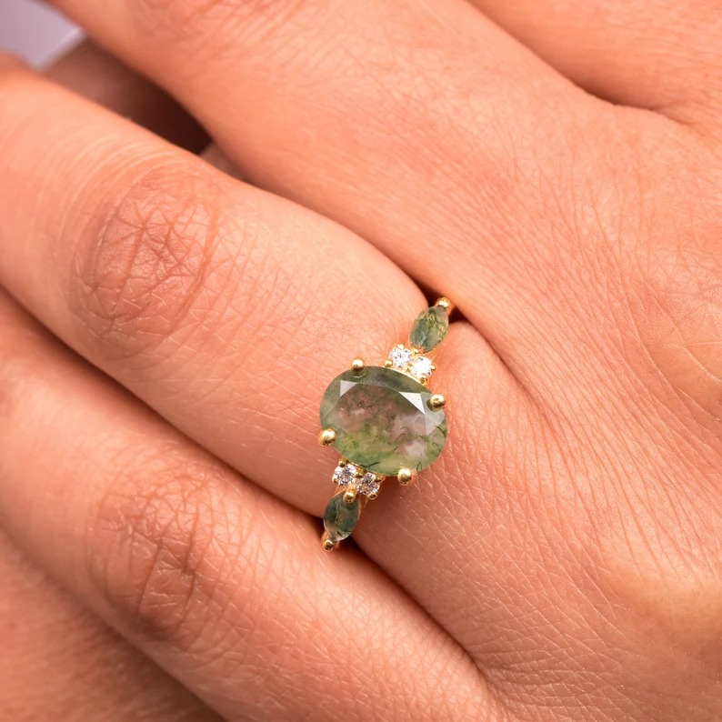 1.5ct Oval Cut Natural Moss Agate Engagement Rings Rose Gold Silver Cluster Aquatic Agate Promise Ring Marquise Moss Moissanite Wedding Ring