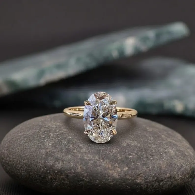 14kt Gold 2.5CT Moissanite Oval Ring: Hidden Halo Anniversary Ring, 14K Solid Gold Ring, Promise Ring, Anniversary Oval Solitaire Ring Gifts