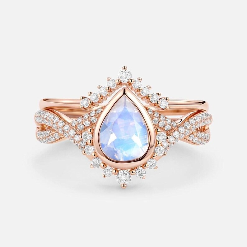 Natural Pear Cut Moonstone Engagement Ring Set, Vintage Infinity Moissanite Cluster Wedding Bridal Set, 14K Bezel Setting Rose Gold Ring Set