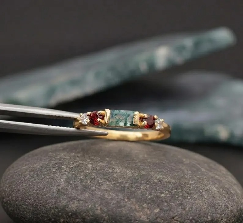 Moss Agate Garnet Ring-18k Gold Plated Vermeil Ring, Vintage Five Stone Band, Solitaire Jewelry, Dainty Diamond Cluster Ring, Christmas Gift