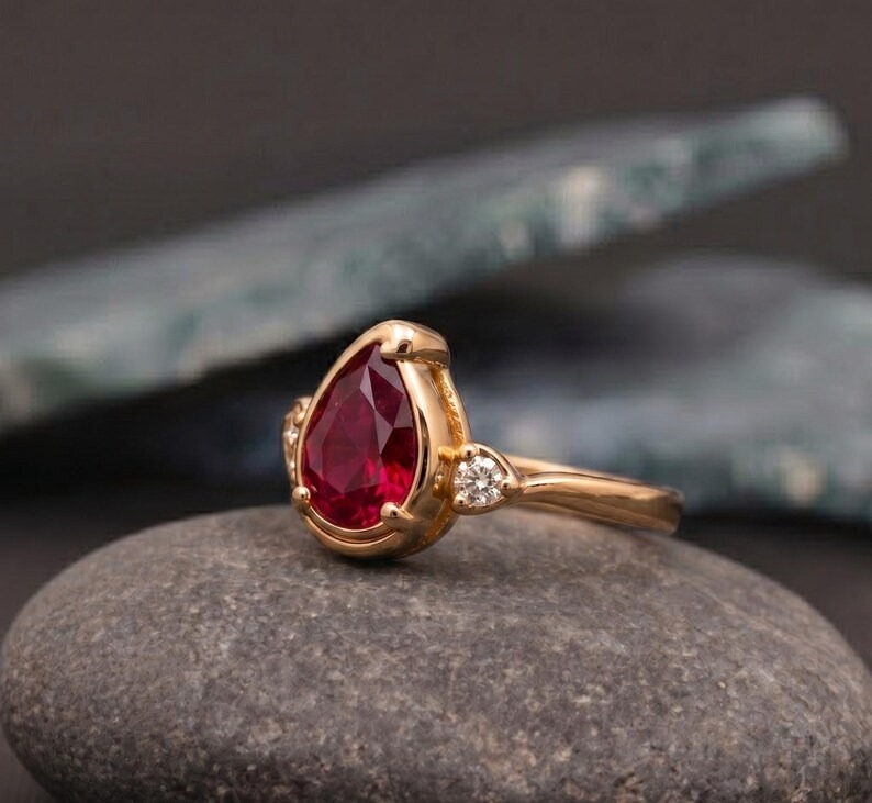 Ruby Ring-14k Solid Gold Ring, Pear Cut Red Gemstone Gold Ring with Diamond Accents, Vintage Red Ruby Promise Ring for Women, Bridal Jewelry