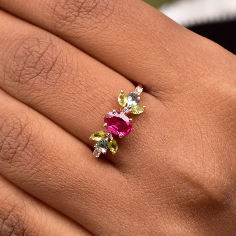 Beautiful Ruby Peridot Engagement Ring, 925 Solid Sterling Silver Ring, Ruby Cluster Ring, Ruby Aquamarine& peridot Ring Multi Gemstone Ring