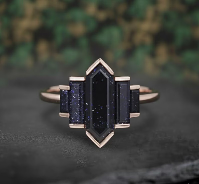 Hexagon Cut Blue Sandstone Ring, Vintage Rose Gold Engagement Ring, Baguette Cut Galaxy Sandstone Ring, Bridal Anniversary Gift Ring for Her