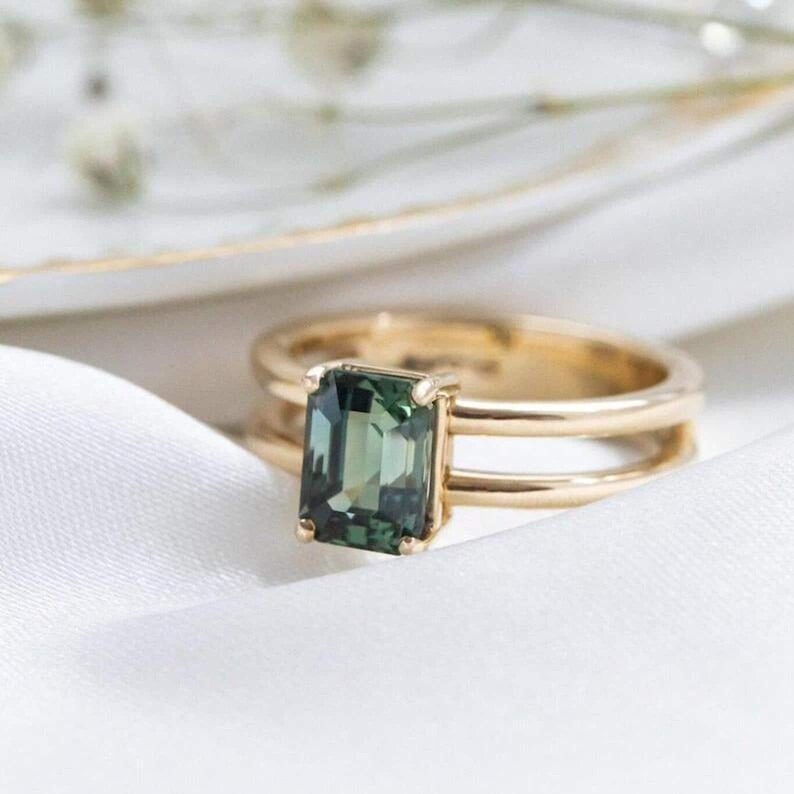 Unique Teal Sapphire Engagement Ring, Emerald Cut Peacock Sapphire Cluster Wedding Ring, Double Band Bridal Ring, Art Deco Promise Ring