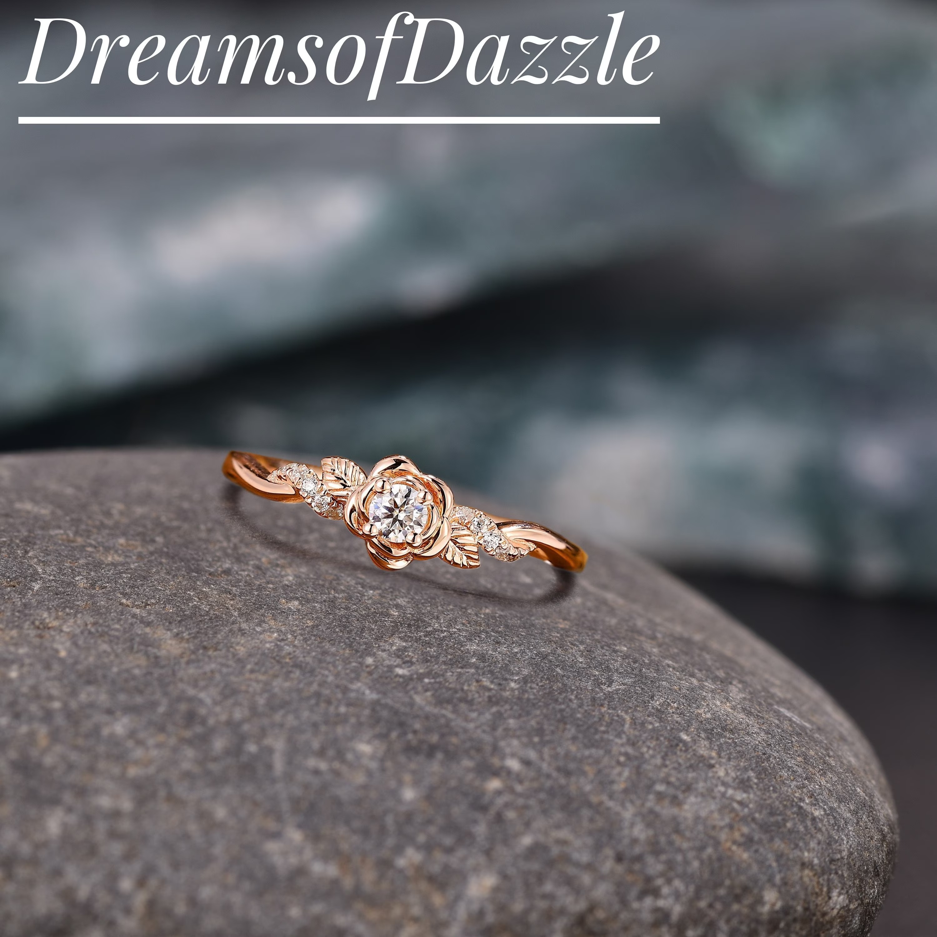 Floral Round Cut Moissanite Engagement Ring Rose gold Delicate Nature inspired Leaf design Bridal Ring Twist Anniversary Ring