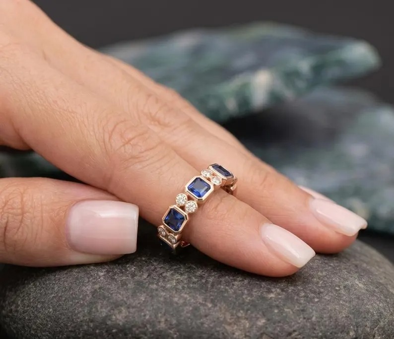 Princess Cut Sapphire Band, Moissanite Sapphire Ring, Dainty Blue Promise Ring, Half Eternity Stacking Matching Band, Bridal Ring for Women