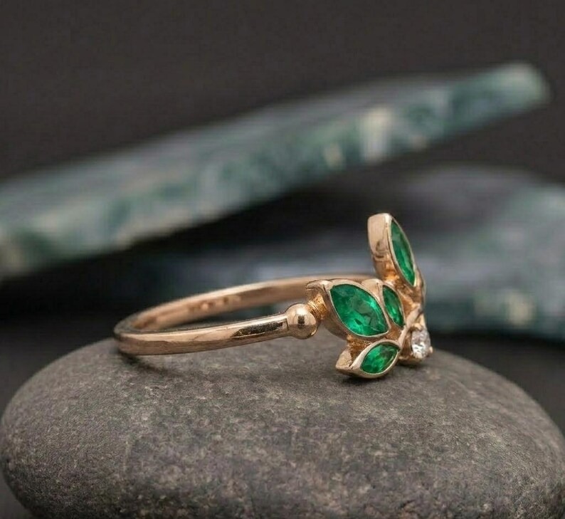 Floral Leaf Marquise Emerald Ring, Dainty Green Accent Engagement Ring, Promise Ring, Nature Inspired Ring For Her, Green Gemstone Leaf Ring
