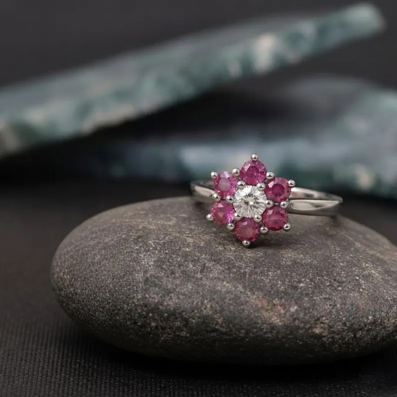 Floral Ruby Cluster Ring in Rose Gold, Flower Design Engagement Ring, Minimalist Ruby Flower Ring, Lotus Ring, Anniversary Gift For Her
