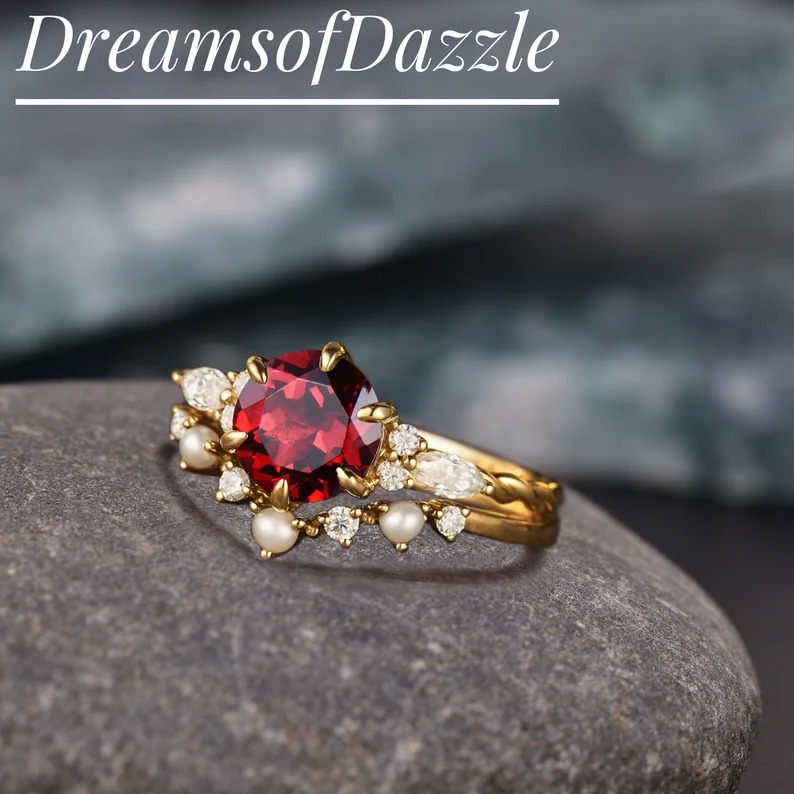 Vintage Round Red Ruby Engagement Ring Set, Pearl Moissanite Cluster Gold Wedding Ring Set, Matching Promise Ring Set, Custom Ring For Women