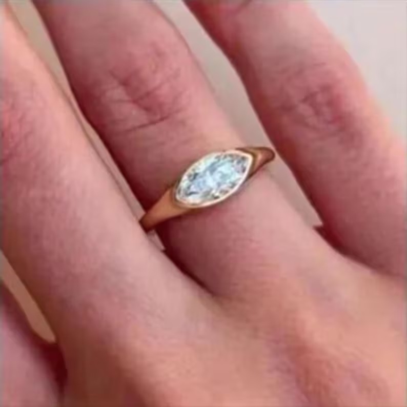 Marquise Moissanite Ring: East-West Sterling Silver Signet, Bezel Set Diamond wedding ring, Promise Ring Diamond Solitaire Delicate Ring