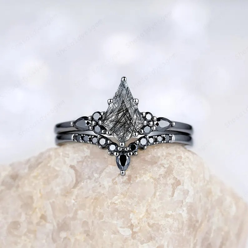 Black Gold Kite Cut Black Rutilated Quartz Engagement Ring Set, Witchy Black Promise Ring, Black Wedding Ring Set, Goth Black Bridal Set