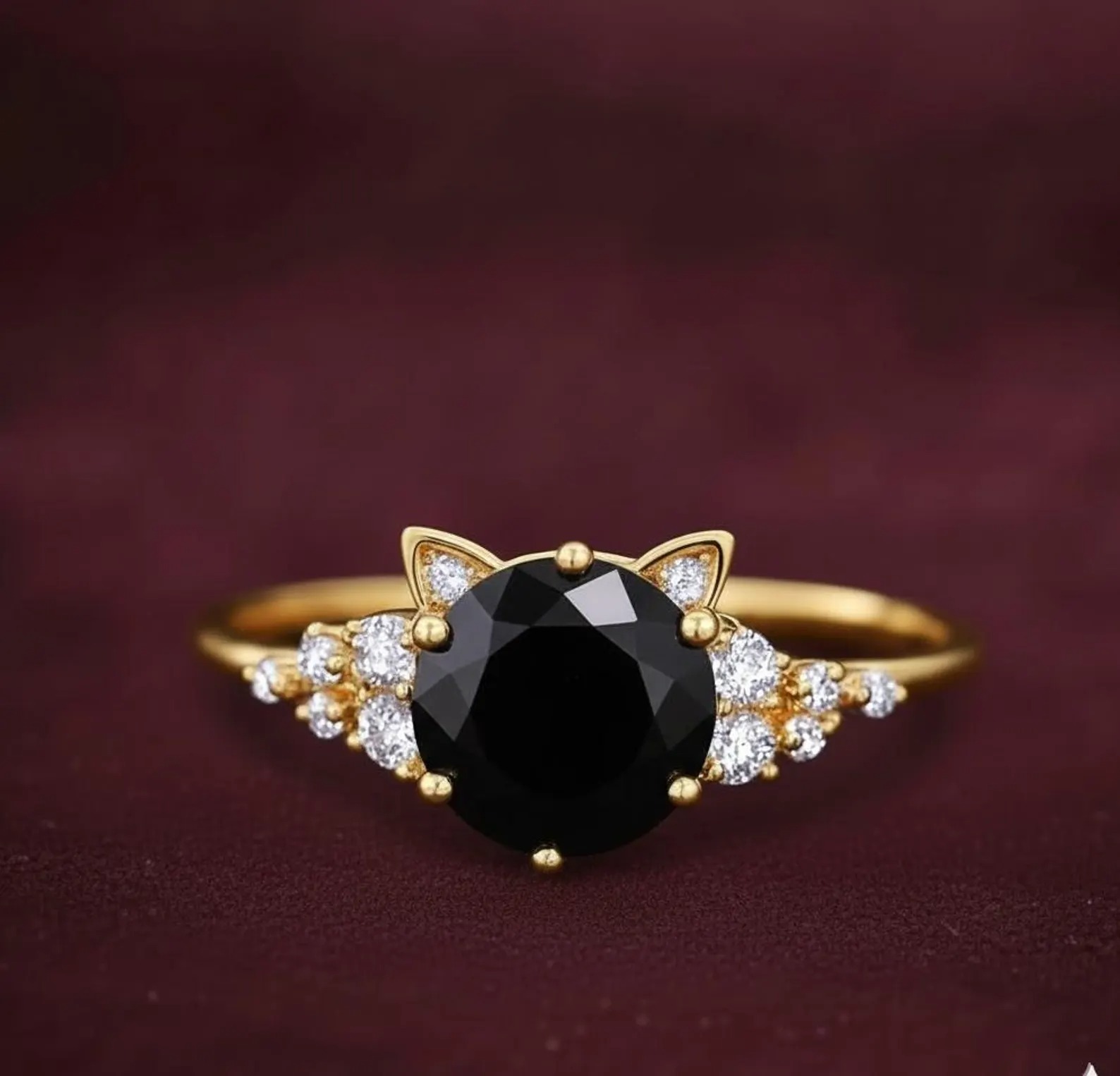 Unique Cat Ring Black Gemstone Rose Gold Ring, Unique Cat Lover Gift, Round Black Onyx Diamond Engagement Ring, Cat Ear Promise Ring for Her