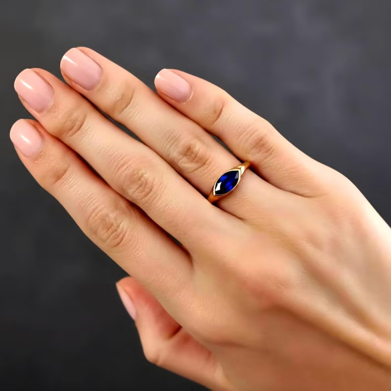 Marquise Blue Sapphire Ring: East-West Sterling Silver Signet, Bezel Set Gemstone Wedding Ring, Promise Ring, Single Solitaire Delicate Ring