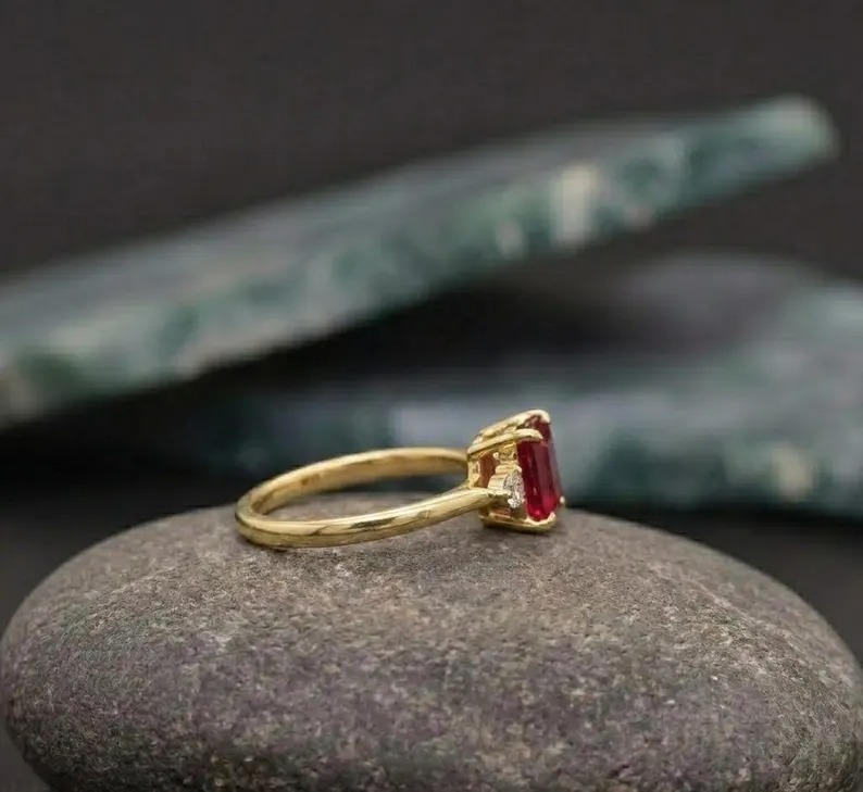Genuine Ruby Diamond Ring in Gold, Real Ruby Dainty Stacking Ring, Emerald Ruby Jewelry, Ruby Birthstone Dainty Ring, Birthday Gift For Her
