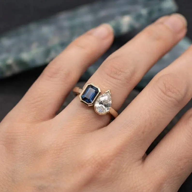 Two Stone Bezel Sapphire Moissanite Ring, Toi Et Moi Ring, Pear & Emerald Cut Gemstone Ring, 14k Rose Gold Ring, Anniversary Gift For Her