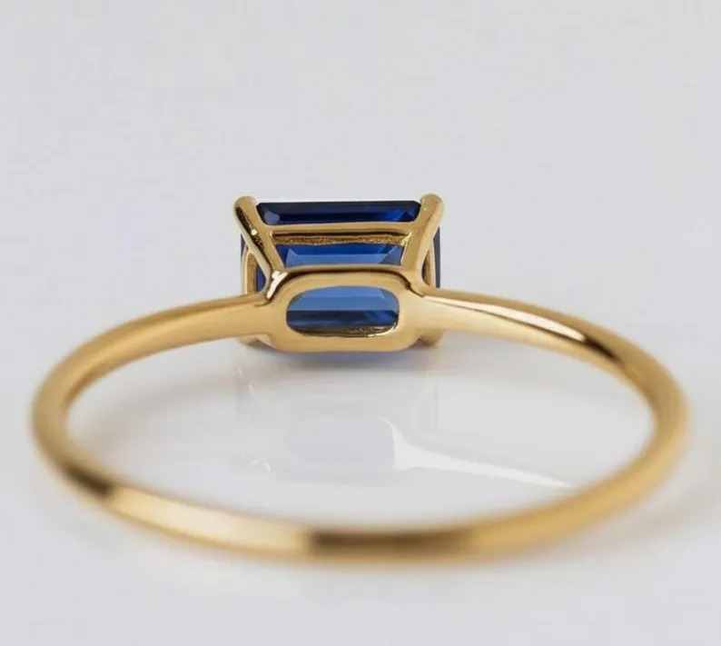 Sapphire Solitaire Ring, Baguette Cut Sapphire Blue Gemstone Ring, September Birthstone Ring, Minimalist Engagement Ring Gift For Her