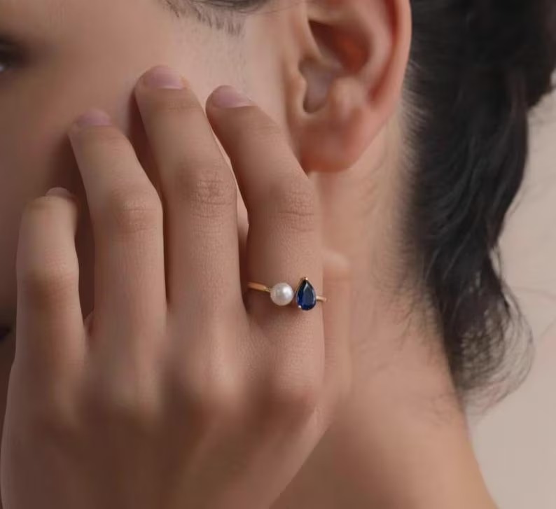 Toi et Moi Pearl And Sapphire Engagement Ring, Cluster Round & Pear Cut Two Stone Wedding Ring, Vintage Prong Set Anniversary Ring For Her