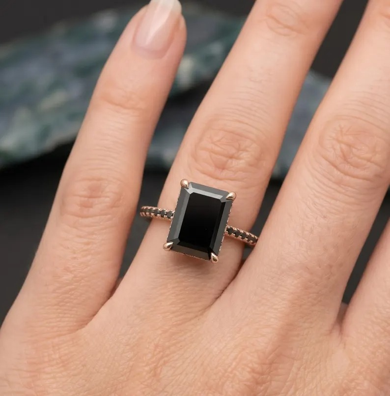 Art Deco Emerald Shaped Black Onyx Engagement Ring, 925 Silver Black Gemstone Wedding Ring Unique Black Onyx Bridal Anniversary Promise Ring