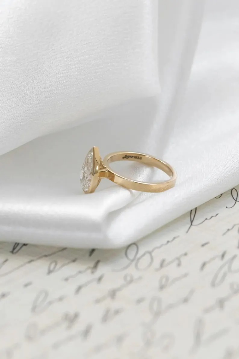 Pear Cut Moissanite Engagement Ring, Thick Band Solitaire Ring, Moissanite Wedding Bezel Set Ring, Moissanite Anniversary Ring For Women
