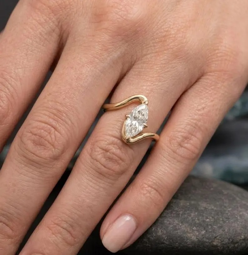Marquise Moissanite Ring, Wave Bypass Ring, Promise Ring, Minimalist Engagement Ring, Diamond Bridal Jewelry, Statement Ring, Unique Ring