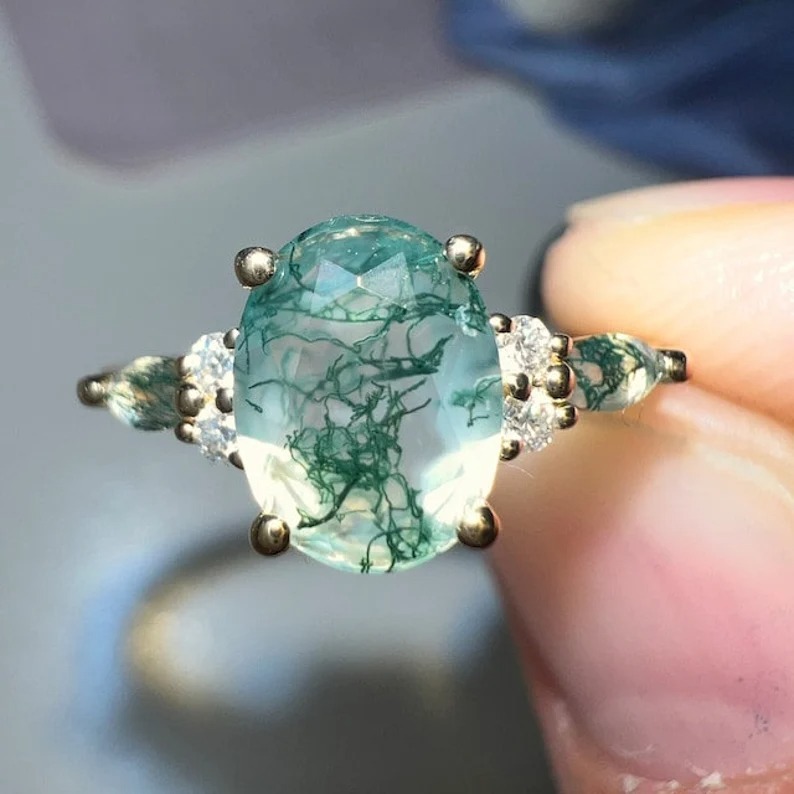 1.5ct Oval Cut Natural Moss Agate Engagement Rings Rose Gold Silver Cluster Aquatic Agate Promise Ring Marquise Moss Moissanite Wedding Ring