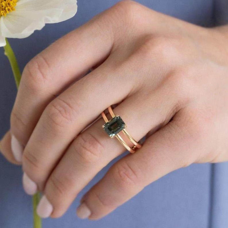 Unique Teal Sapphire Engagement Ring, Emerald Cut Peacock Sapphire Cluster Wedding Ring, Double Band Bridal Ring, Art Deco Promise Ring