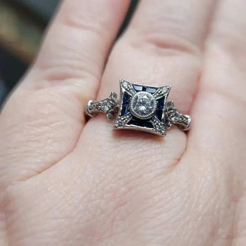 Antique Inspired Old European Diamond Ring – Edwardian Sapphire Engagement Ring – Art Deco Vintage Proposal Ring – Victorian Gift for Women