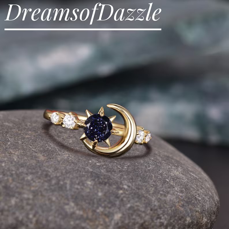 Nature Inspired Galaxy Blue Sandstone Engagement Ring, Moon Star Design Round Sandstone Ring, Starry Sky Goldstone Ring Promise Gift Ring