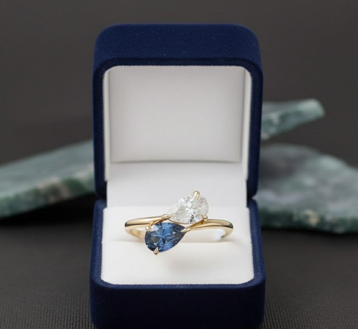 Vintage Toi Et Moi Engagement Ring, Blue Sapphire & Pear Moissanite Ring, 14k Gold Promise Ring, Two Stone Wedding Ring, Anniversary Gift