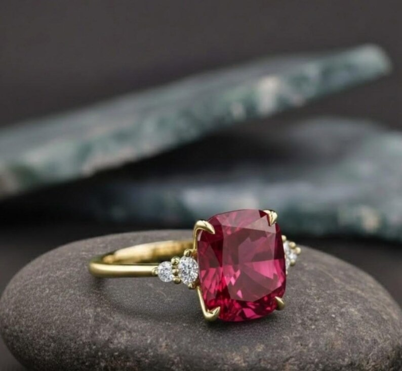 Ruby Engagement Ring, 14k Solid Gold Ring, Cushion Cut Red Gemstone Gold Ring with Diamond Accents, Vintage Inspired Promise Ring for Women