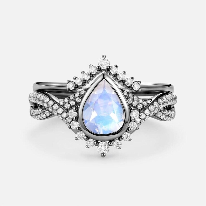 Natural Pear Cut Moonstone Engagement Ring Set, Vintage Infinity Moissanite Cluster Wedding Bridal Set, 14K Bezel Setting Rose Gold Ring Set