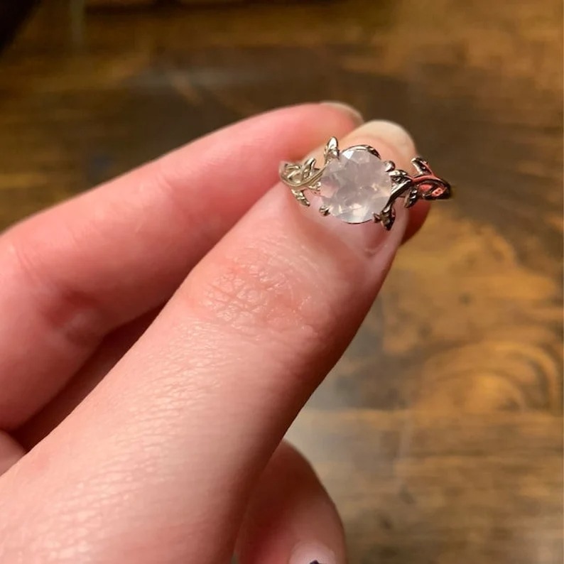 1ct Round Cut Natural Pink Rose Quartz Ring Rose Gold Simple Engagement Rings Leaf Solitaire Ring Heal Crystal Ring Natural Stone Ring Gift