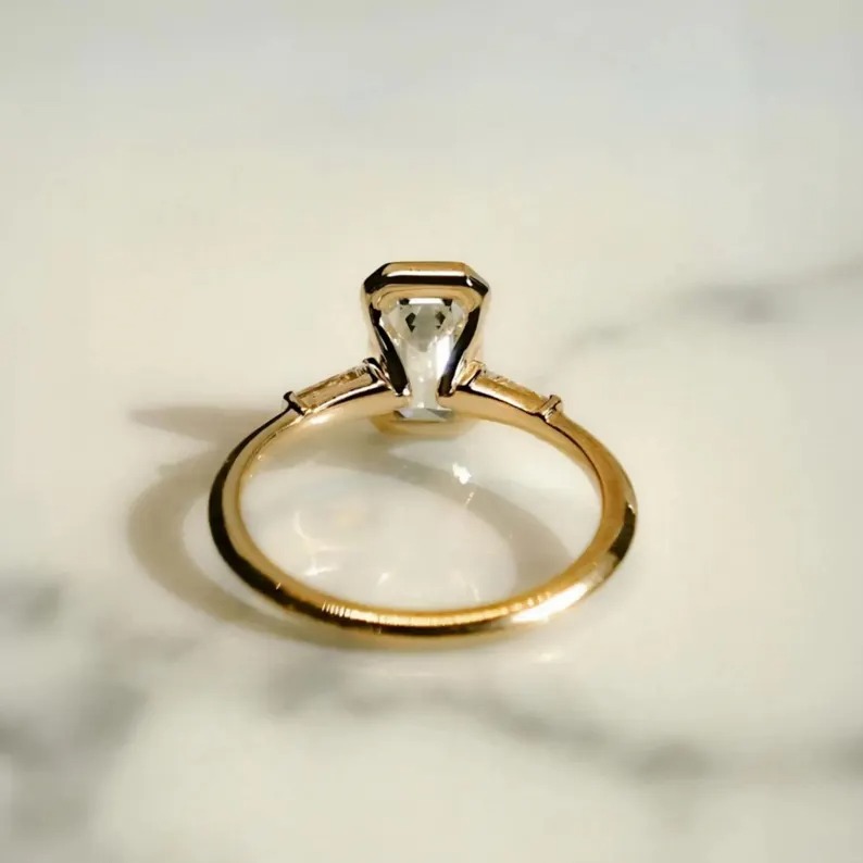 Emerald Cut Moissanite Engagement Ring, 14K Gold Bezel Setting Wedding Ring, Three Stone Diamond Baguette Cluster Ring, Promise Ring for Her