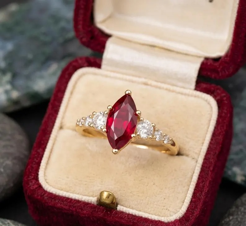 Vintage Inspired Ruby Ring, Marquise Cut Red Gemstone Ring, Diamond Round Accent Ring, Elegant Promise Ring for Women, Handmade Fine Jewelry