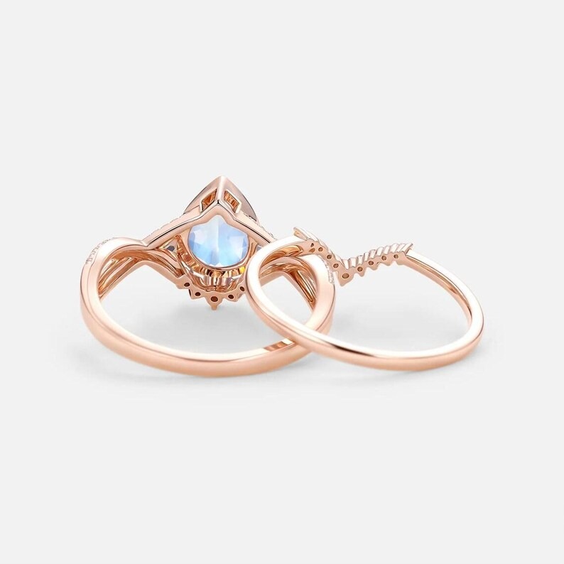 Natural Pear Cut Moonstone Engagement Ring Set, Vintage Infinity Moissanite Cluster Wedding Bridal Set, 14K Bezel Setting Rose Gold Ring Set