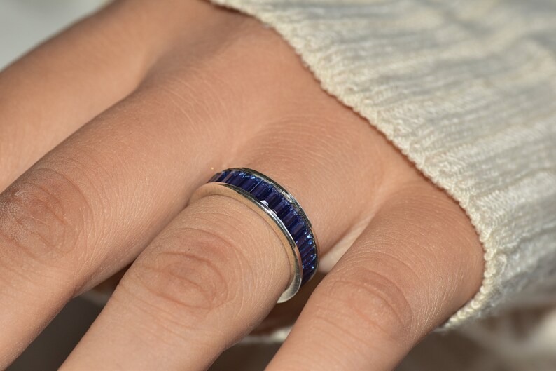Full Eternity Stackable Band Lab Blue Sapphire Band CZ Solid 925 Sterling Silver Wedding Band, Eternity Band September Stone