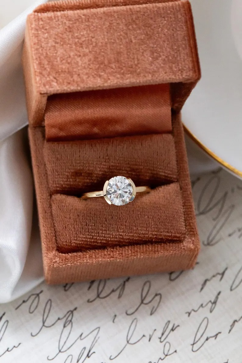 2.00Ct Round cut Moissanite Bridal Ring, Half-Bezel Set Delicate Ring, Solitaire Engagement Ring, Yellow Gold Wedding Promise Ring For Women