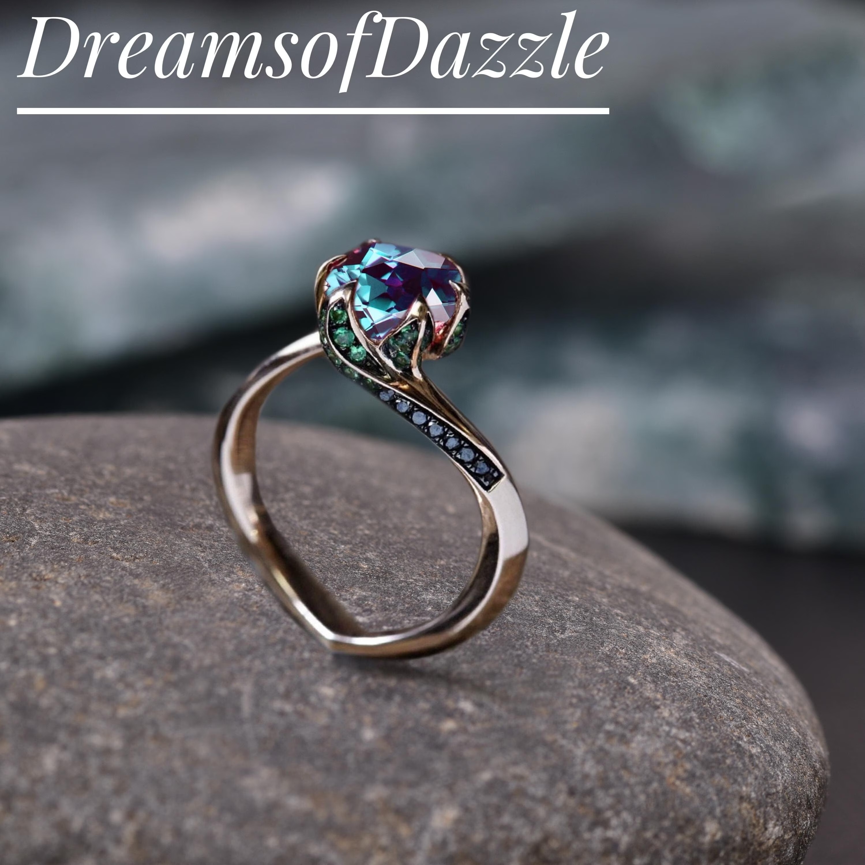 Alexandrite Engagement Ring Emerald Ring Color Change Alexandrite Ring Vintage Ring Rose Gold Alexandrite Ring Unique Ring Promise Ring