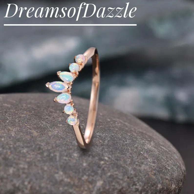 Opal Wedding Ring Opal Sapphire Wedding Band Half Eternity Matching Band Rose Gold Plated Sterling Silver 10K/14K Rose Gold Anniversary Ring
