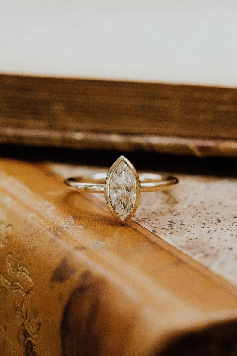 Marquise Cut Moissanite Engagement Ring, Diamond Wedding Ring, 14k Solid Gold Solitaire Bezel Set Anniversary Gift, Single Stone Bridal Gift