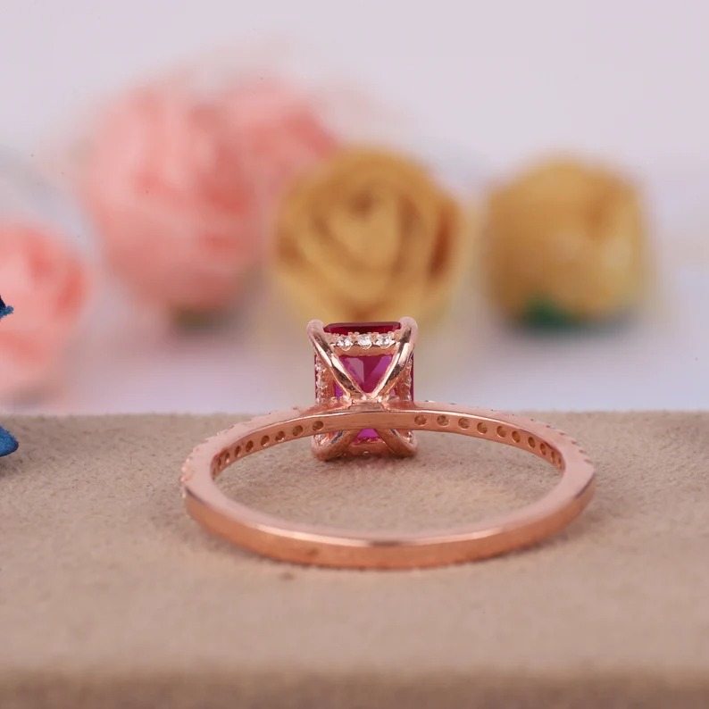 8*11mm Emerald Cut Lab Created Ruby Ring, Solid Yellow Gold Engagement Ring, Moissanite Bridal Ring, Wedding Promise Ring, Red Gemstone Ring