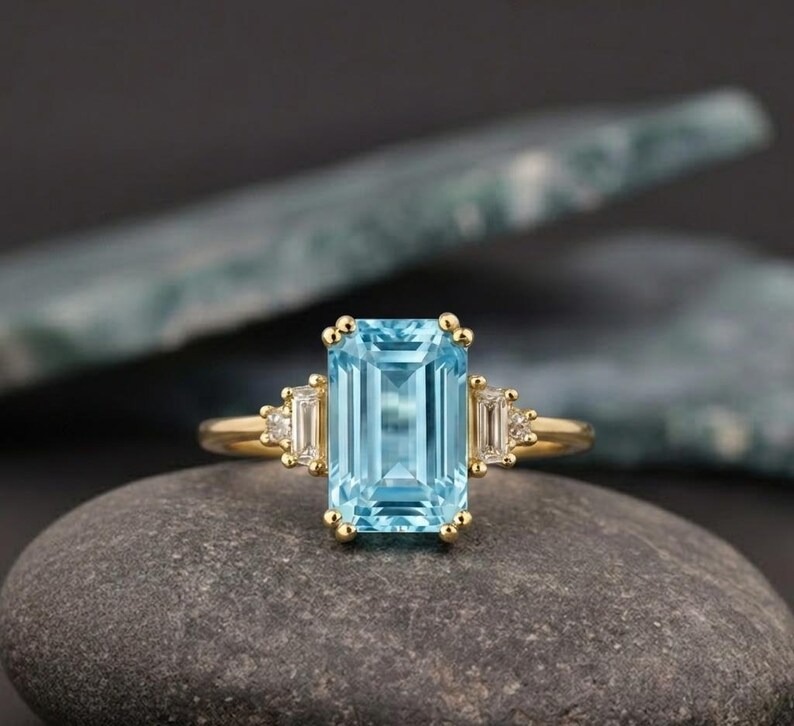 Emerald Cut Aquamarine Ring, Minimalist Aquamarine Engagement Ring, Blue Gemstone Promise Ring, 14k Solid Gold Ring, Birthday Gift For Her