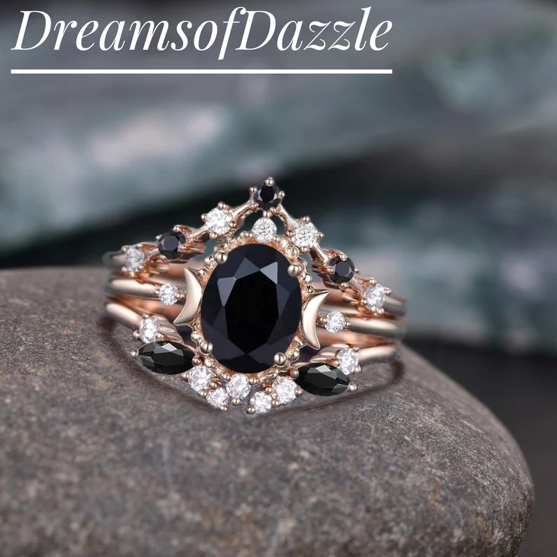 1.5ct Vintage Moon Engagement Ring Celestial Wedding Ring Set Oval Cut Moissanite Engagement Ring Set Rose Gold Women Bridal Set Unique