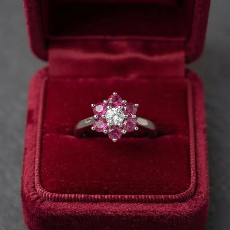 Floral Ruby Cluster Ring in Rose Gold, Flower Design Engagement Ring, Minimalist Ruby Flower Ring, Lotus Ring, Anniversary Gift For Her