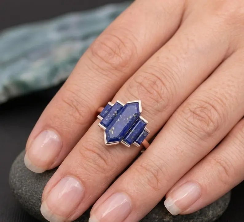 Hexagon Cut Lapis Lazuli Five Stone Wedding Ring, 14K Yellow Gold Half Bezel Minimalist Art Deco Blue Gemstone Engagement Ring, Promise Ring