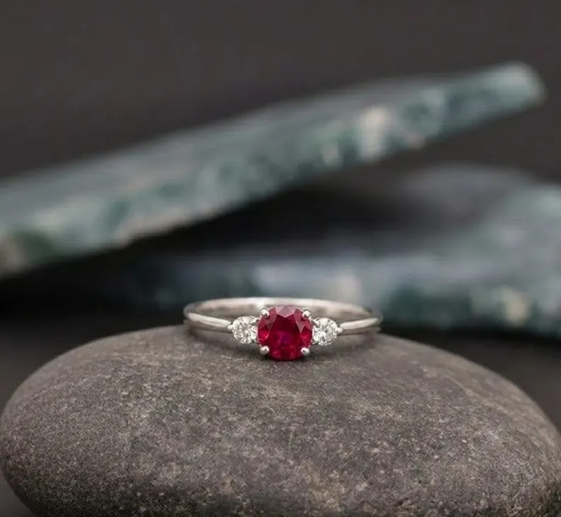 Ruby Engagement Ring For Women, Vintage Diamond Accents, Christmas Gift, Ruby Round Cut 14K Solid Gold Ring, Minimalist Birthstone Jewelry