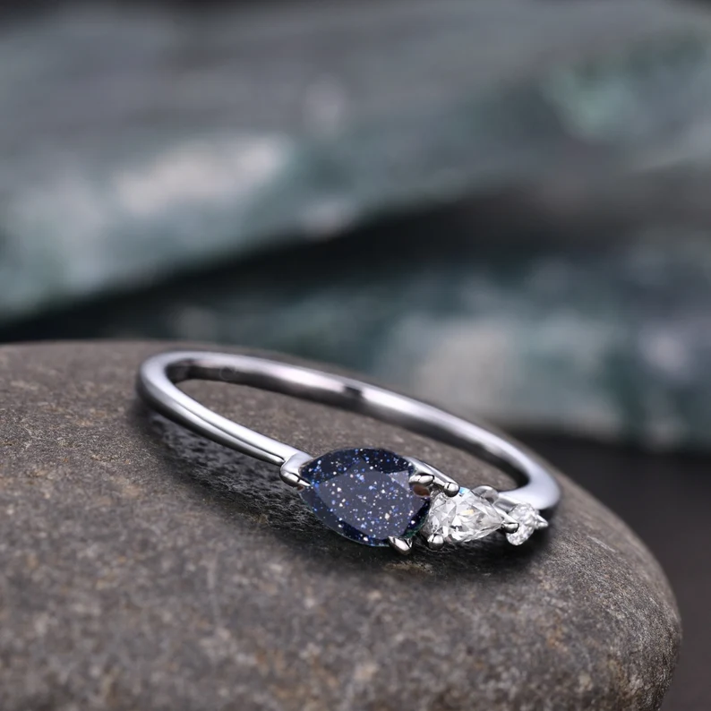 Vintage Sandstone Engagement Ring, Pear Cut Gems, Art Deco Moissanite Wedding Ring,3 Stone Unique Women Bridal Promise Ring, Customized Ring